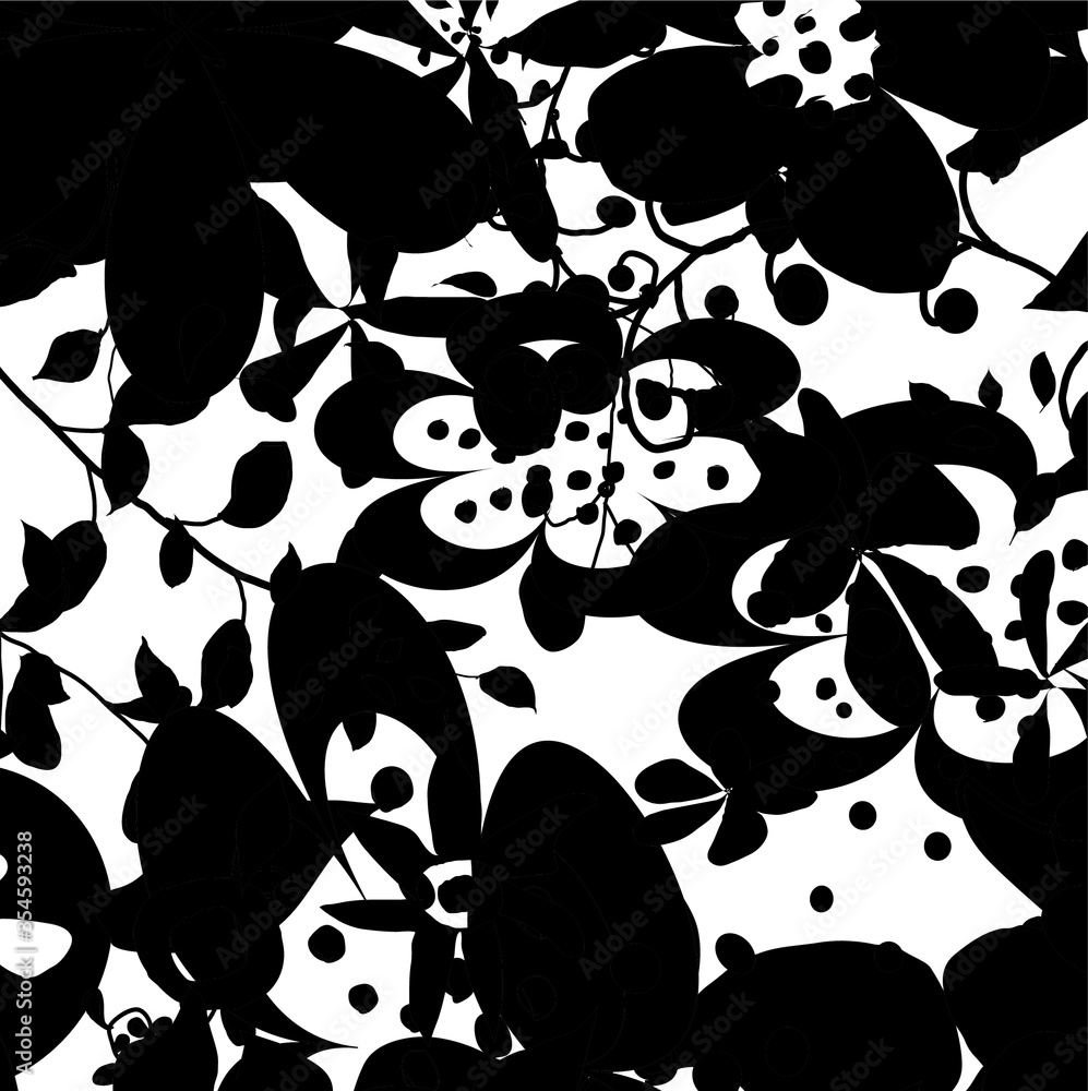 Naklejka premium vector background with black and white florals. Creative cute silhouette flower and leaves on white background , freehand lovely blossom and leaves for your design.