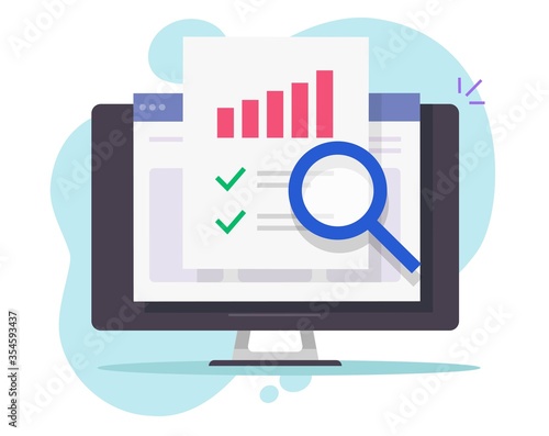 Financial audit research online on desktop computer or pc web analysis or analytics digital report vector flat, concept of accounting or sales finance market statistic inspection or quality evaluation © Elena