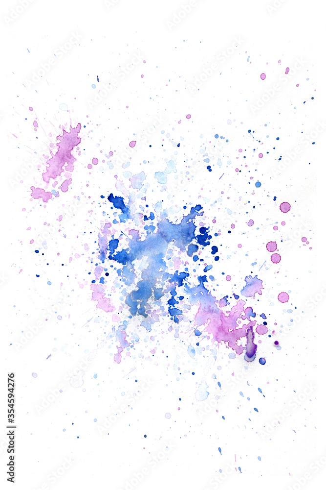 Pink haze. Ultra violet. Abstract paint spots on white background. Color watercolor stains and blots.