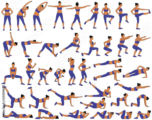 Big set of colored vector silhouettes of slim woman in costume doing fitness workout in many different position. Many icons of girl doing sport exercises. Active and healthy life concept.