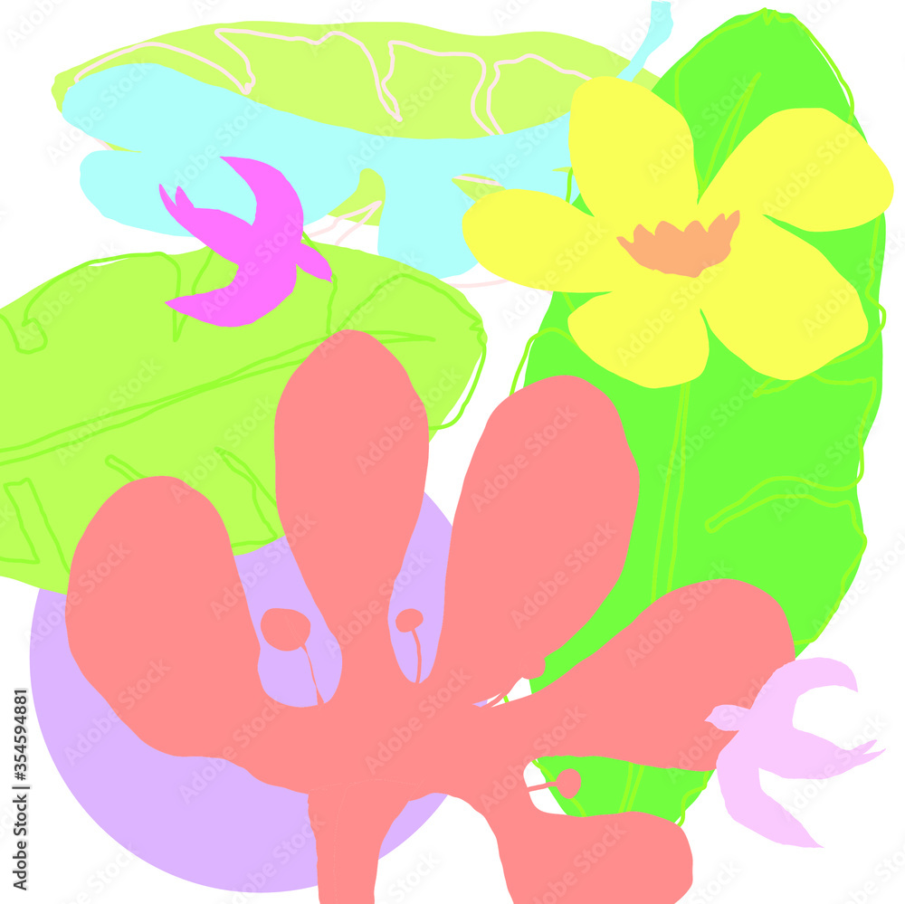 Abstract colourful lovely flowers, birds and leaves pattern background. Creative cute floral hand drawn and doodles for your design.