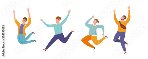 Happy young guys jumping in different poses vector illustration.