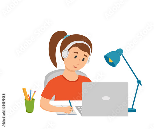 Girl studying online education at home cartoon vector illustration