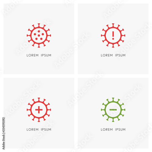 Covid-19 outline symbol set. Coronavirus or sars virus, exclamation point, plus and minus sign - positive and negative medical tests, warning information and danger of infection icons.