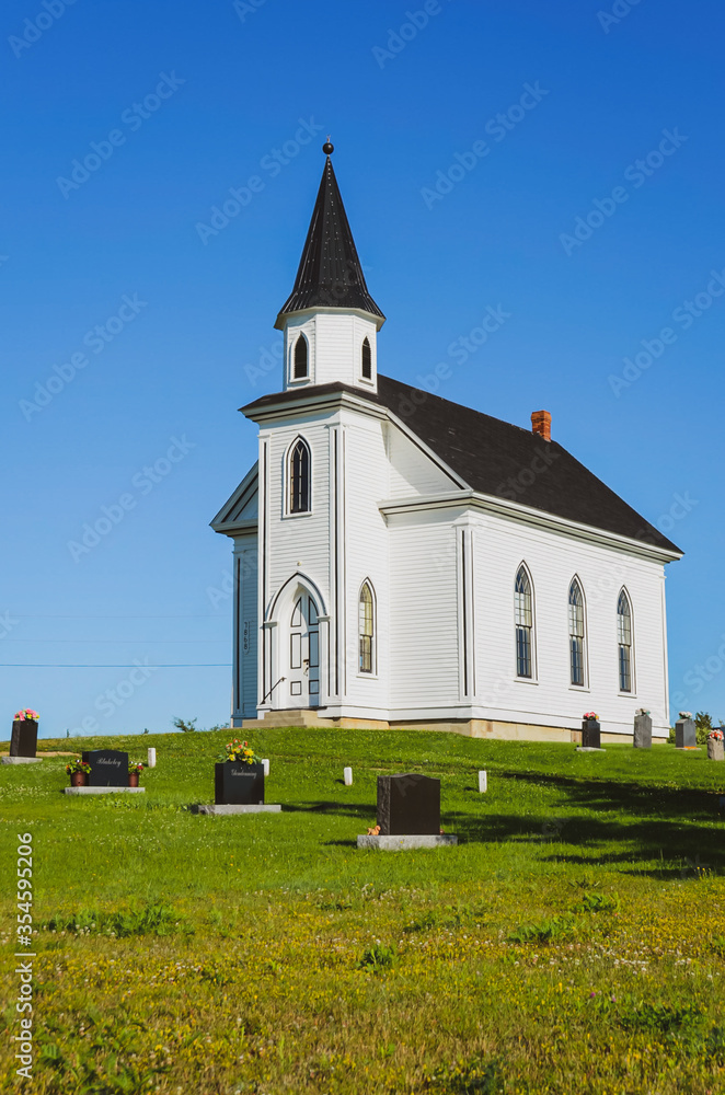 a beautiful old church on a hill in Stonehaven, New Brunswick, Canada