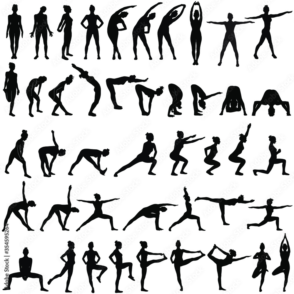 Big set of vector sillhouettes of slim woman doing fitness work out and yoga stretching in different standing poses. Fitness and yoga girl icons isolated on white background.