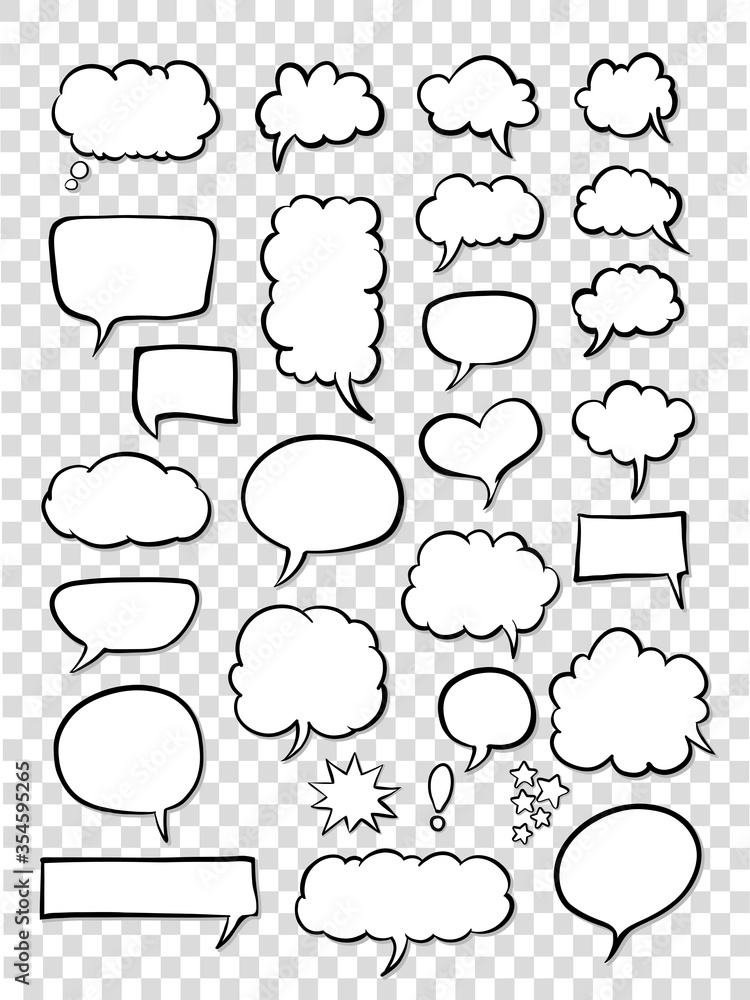 set of hand drawn speech bubbles on transparent background. comic style callouts line art set of hand drawn speech bubbles on transparent background. comic style callouts line art