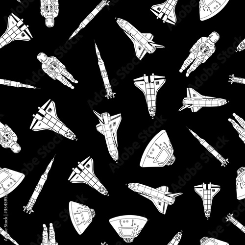 Vector Space Shuttles Rockets Capsules Astronauts Silhouettes in White on Black Background Seamless Repeat Pattern. Background for textiles, cards, manufacturing, wallpapers, print, gift wrap and