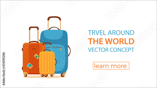 Travel suitcase vector cartoon colorful concept. Tourists packing luggage