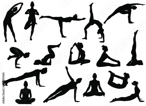 Silhouettes of slim girl practicing yoga stretching exercises. Shapes of woman doing yoga fitness workout. Set of yoga positions.  