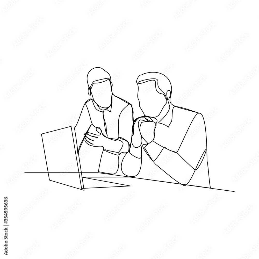 continuous line drawing of two men coworker talking something on laptop. vector illustration