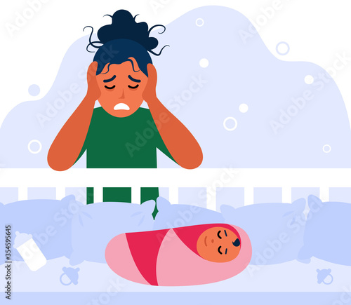 Newborn baby and tired mom concept. Depressed new mother leaning on bed with child, holding head, feeling sad and anxiety. Flat vector illustration