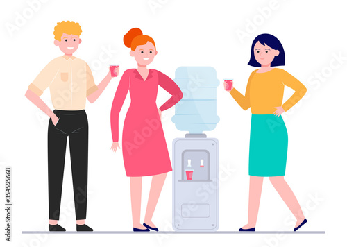 Positive people drinking water at cooler. Office colleagues, chatting, break flat vector illustration. Beverage, refreshment, watercooler concept for banner, website design or landing web page