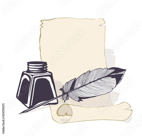 ink bottle and feather quill, ancient paper background. vector illustration