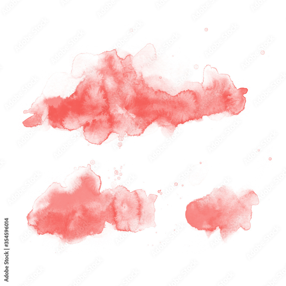 Living coral color. Abstract paint spots on white background. Color watercolor stains and blots.