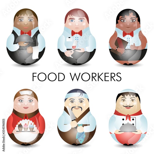 Modern kawaii dolls for your business project. Multiracial. Food workers.