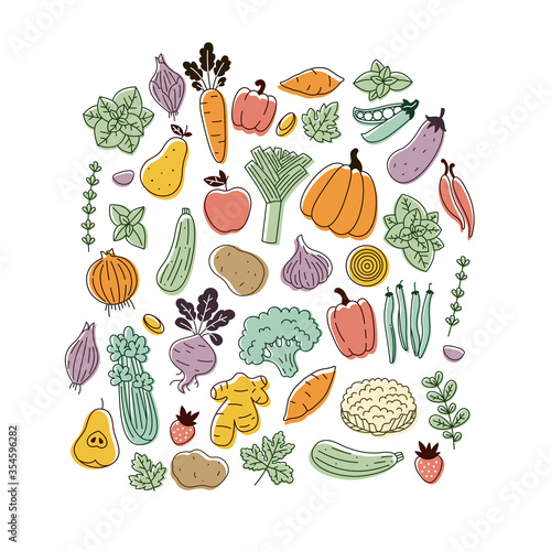 Various vegetables collection. Linear graphic. Scandinavian minimalist style. Healthy food design. Vector illustration