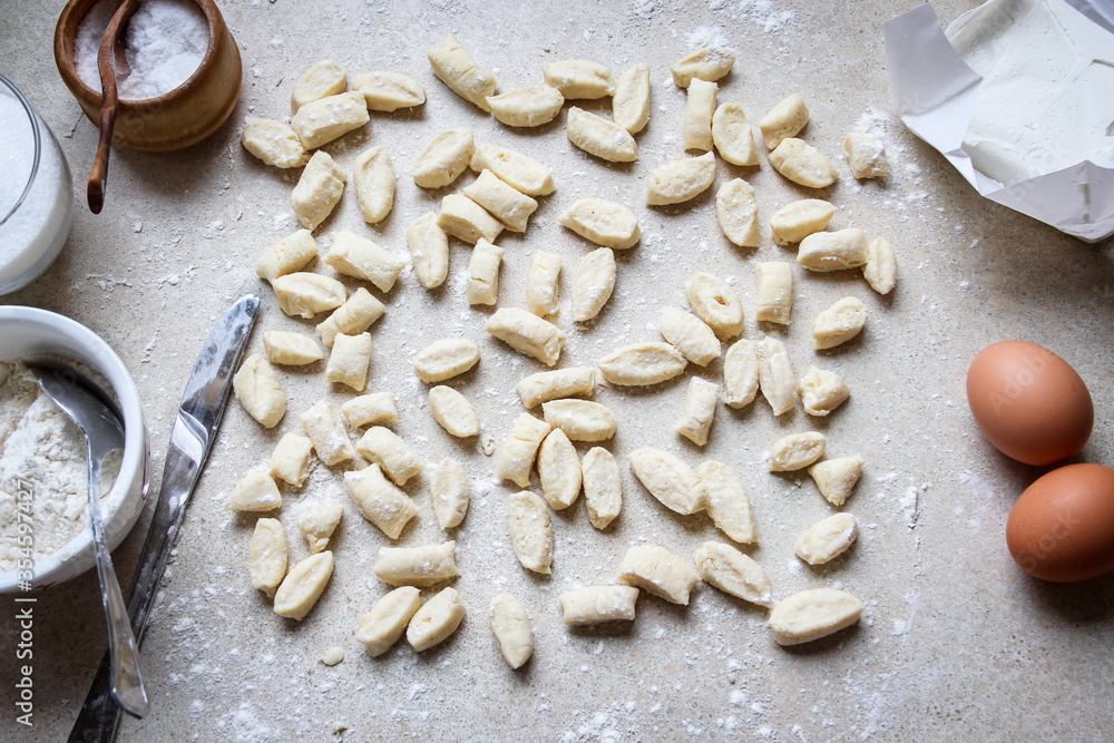 Curd dumplings preparation and ingredients, flat lay view Curd dumplings preparation and ingredients, flat lay view