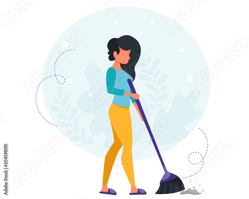Woman sweeping the floor. House cleaning concept. Housewife cleaning the house. Vector illustration in a flat style.