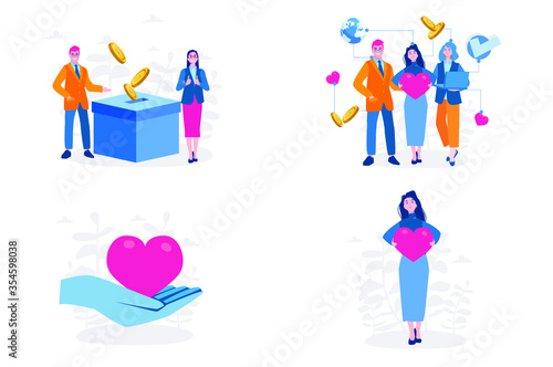Donation and volunteers work concept. Vector illustration set, for web banner, infographics, mobile. 