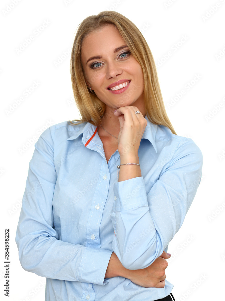 Sincere blonde woman standing isolated on white Sincere blonde woman standing isolated on white