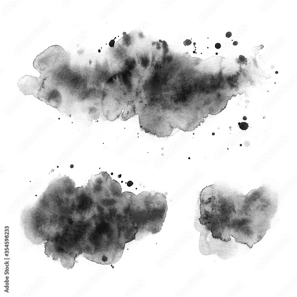 Black watercolor stains on a white background. Abstract painting, naive art. Splashes of ink.