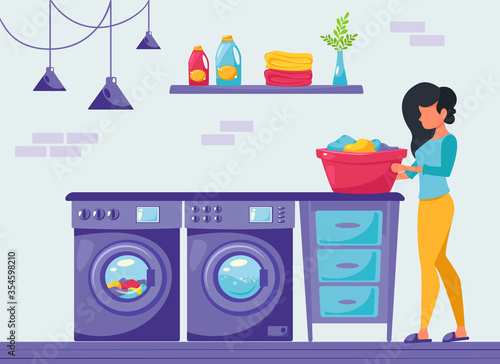 Woman doing laundry at home. House cleaning concept. Modern interior. Vector illustration in flat style.