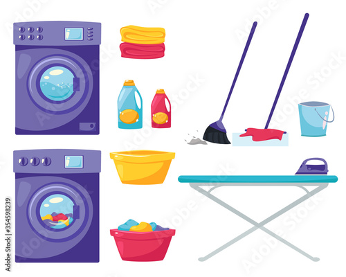 Cleaning household equipment set. House cleaning concept. Vector illustration in a flat style.