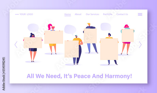 Concept of landing page with protesting people. Characters with placards and signboard on strike or protest, riot, picket, demonstration web page design. Cartoon flat vector illustration.