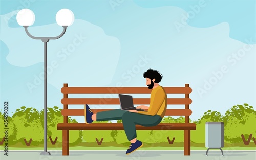 Freelance, remote work, business concept. Man using laptop computer on street bench, mock up screen. Vector flat cartoon illustration