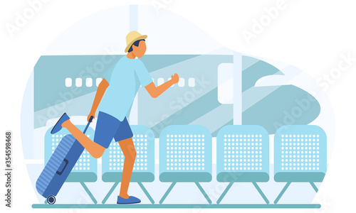 A man is late for a plane and runs with a suitcase at the airport on the background of the plane.