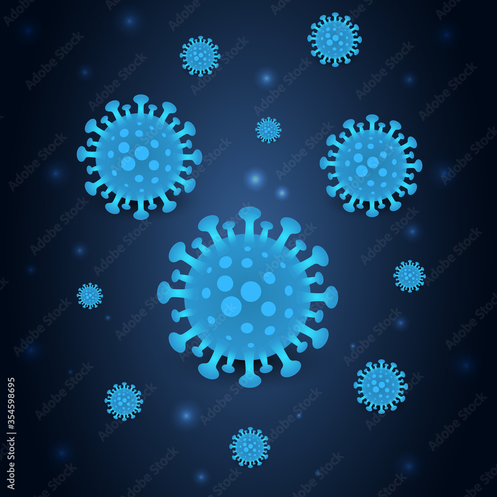 Covid-19 coronavirus infection, dark blue medical background. Dark vector background corona virus cell 2019-ncov. Covid-19 pandemic medical banner. Abstract vector illustration.