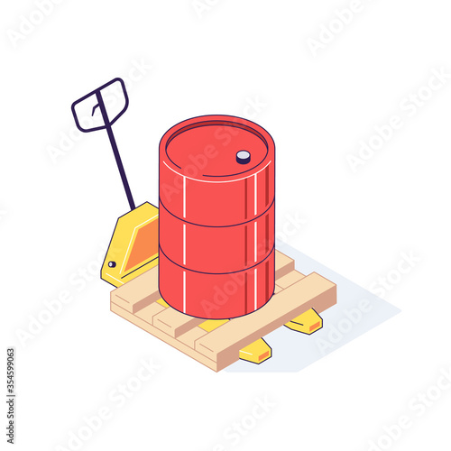 Isometric truck pallet with barrels. 3d pallets cargo goods fuel benzin petrol gas and combustible vector illustration