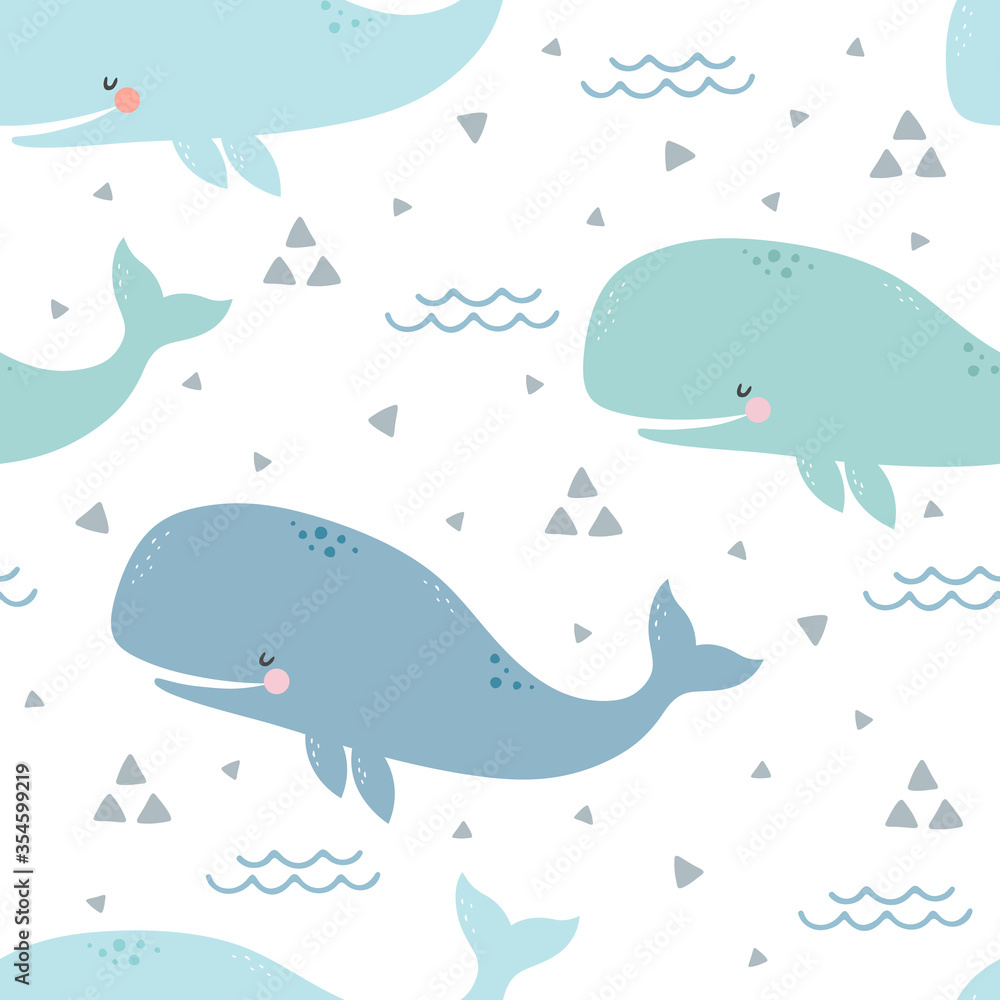 Whale Seamless Pattern, Cute Cartoon Background with Blue Wave Whale Seamless Pattern, Cute Cartoon Background with Blue Wave