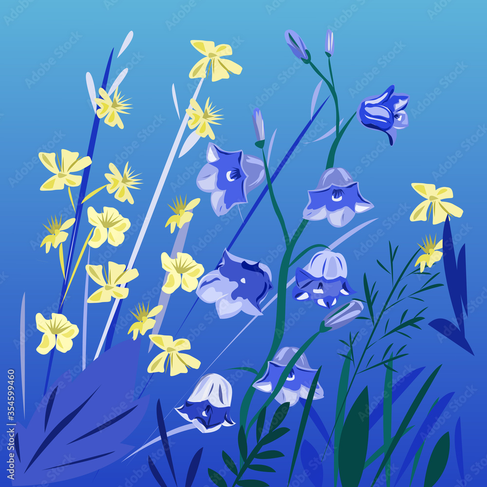 Wild flowers bluebells on a blue background