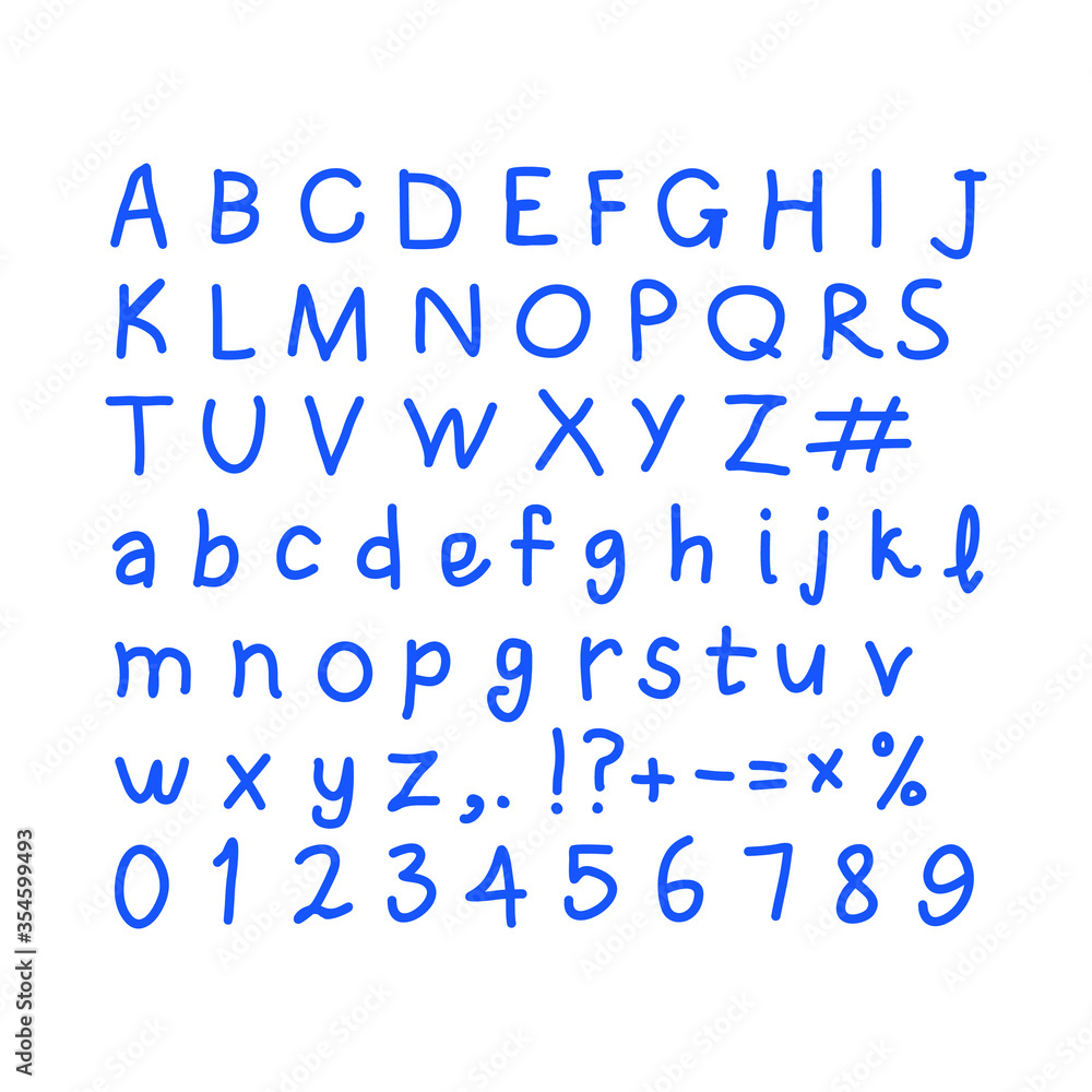 Alphabet with numbers and punctuation - ballpoint pen, blue ink. English hand written alphabet, vector illustration.