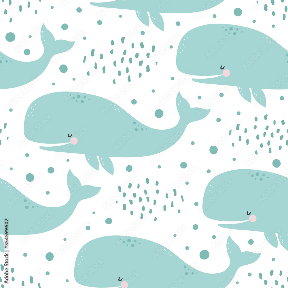 Whale Seamless Pattern, Cute Cartoon Background with Blue Wave Whale Seamless Pattern, Cute Cartoon Background with Blue Wave