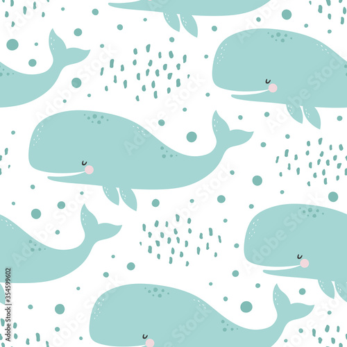 Whale Seamless Pattern  Cute Cartoon Background with Blue Wave