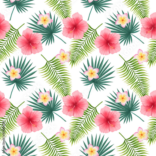 Seamless tropical leaves and flowers pattern on the white background. Hand drawn digital illustration of tropical flowers pattern. Jungle leaves and flowers background. Pink hibiscus flower pattern.