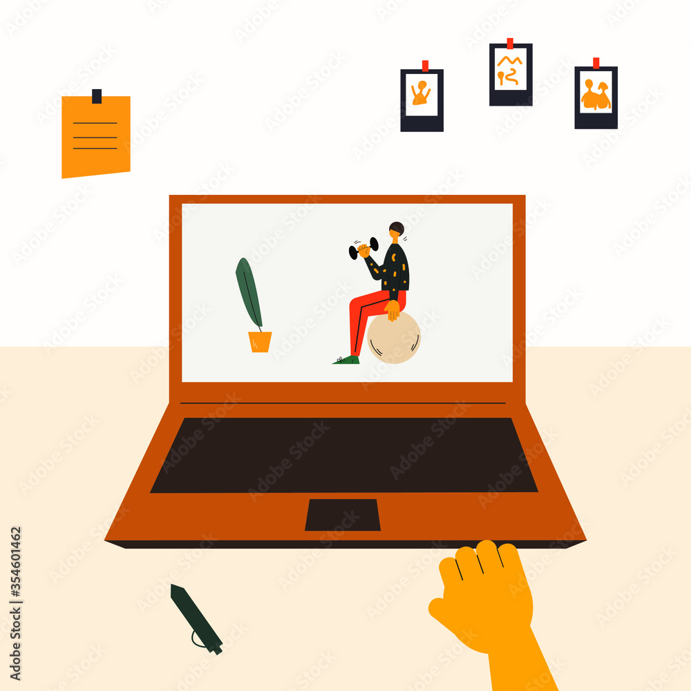 Vector illustration of a laptop with video of man doing workouts. Laptop and videos of gym activities. Online videos of sports and fitness workouts. Online tutorials about fitness workouts at home.