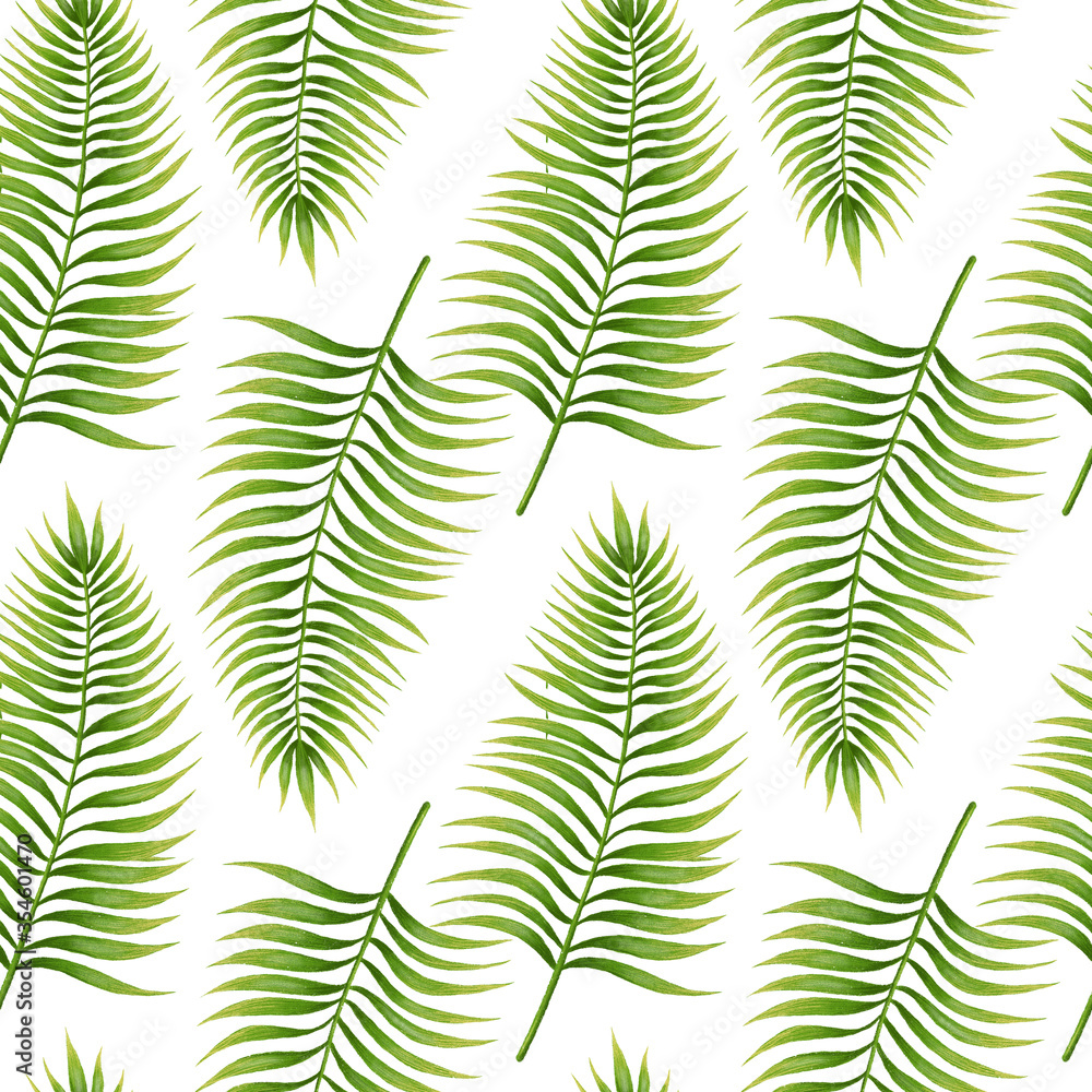 Seamless tropical leaves pattern on the white background. Hand drawn digital illustration of tropical leaves pattern. Palm leaves background. Seamless tropical leaves pattern on the white background. Hand drawn digital illustration of tropical leaves pattern. Palm leaves background.