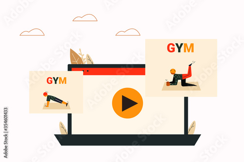 Laptop and videos of gym activities. Online videos of sports and fitness workouts. Online tutorials about fitness and gym workouts at home. Vector flat style illustration.
