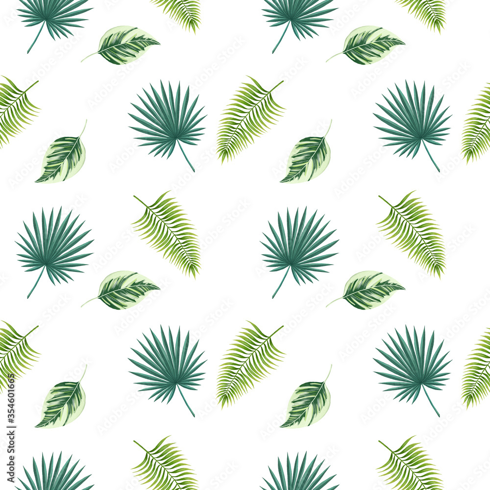 Seamless tropical leaves pattern on the white background. Hand drawn digital illustration of tropical leaves pattern. Palm leaves background.