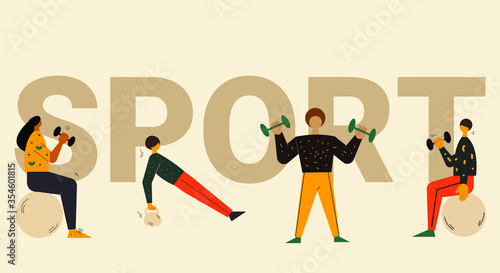 Four characters working out with sport text around. Young people doing workouts. Gym and fitness workouts and exercises. Cardio and stretching exercises. Vector illustration in modern colorful style.