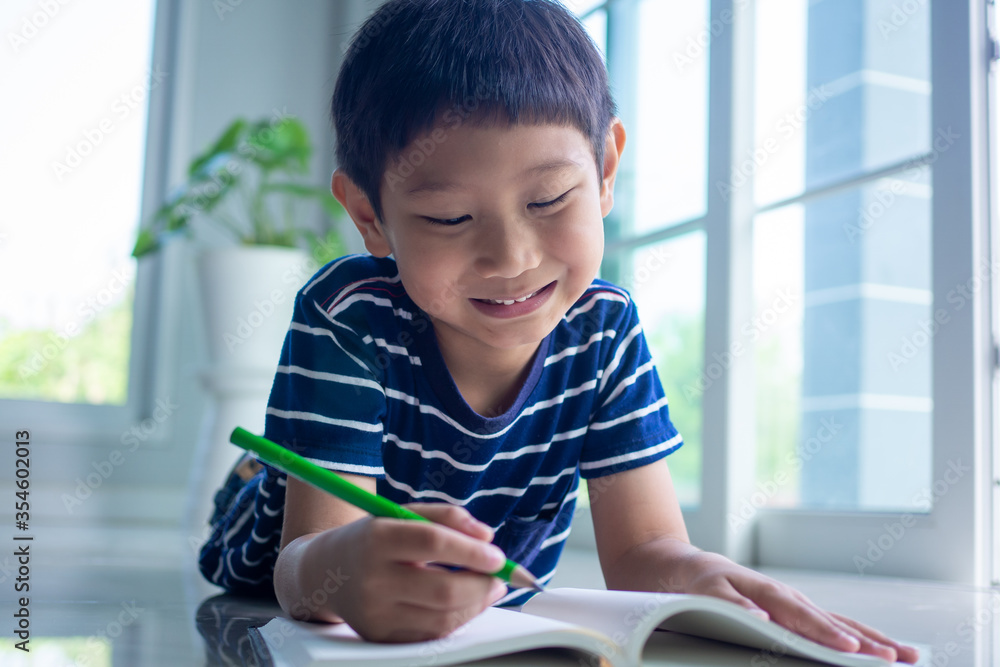Fototapeta premium The boys enjoy reading and writing books. Children smile and relax in the living room in the house. Enjoy funny stories in the textbook.