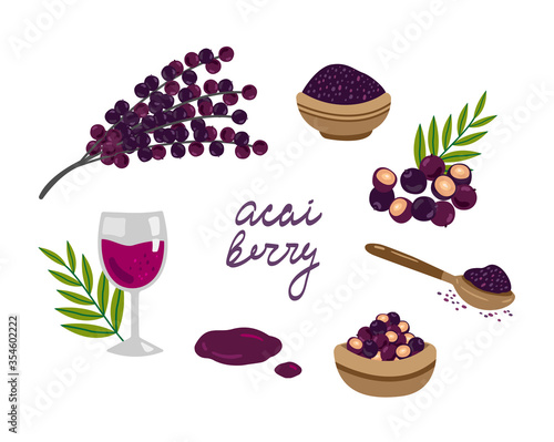 Vector hand drawn set of acai. Acai berries and branches, acai juice and acai powder. Superfood. Cartoon style illustration.