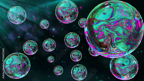 Colorful background with flying liquid bubbles in the outer space