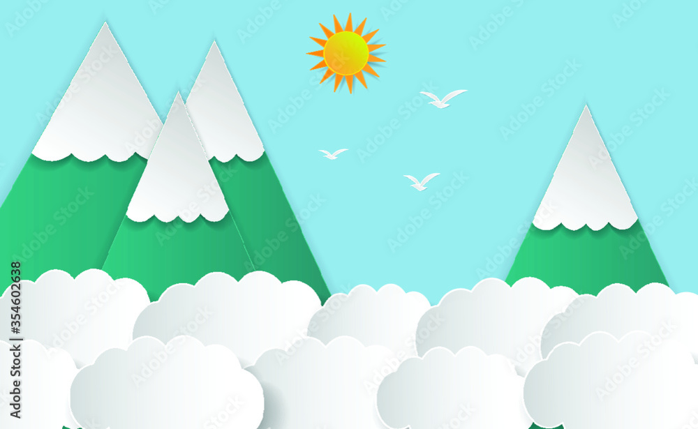 Cloudscape blue sky with clouds and sun paper art style Cloudscape blue sky with clouds and sun paper art style
