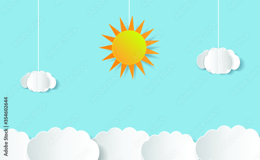 Cloudscape blue sky with clouds and sun paper art style Cloudscape blue sky with clouds and sun paper art style