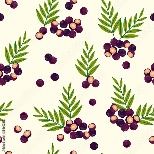 Seamless background of acai berries. Acai berries and branches. Superfood. Cartoon style pattern. Food background.